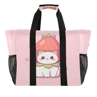 Imagem de Wassud Gato com chapéu de morango, reutilizável, sacola grande, bolsa organizadora de lona à prova d'água para praia, piquenique, lavanderia, viagem
