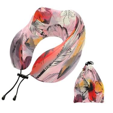 Imagem de CEBUGI Travesseiros de viagem portáteis em forma de U, travesseiro de pescoço de espuma viscoelástica com trava de corda ajustável para avião, viagem, trem, negócios, escritório, soneca (flor)