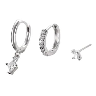 Imagem de FLORA Brincos com pingente geométrico em formato de losango brincos de argola brincos de pino conjunto de brincos com zircônias modernos e versáteis para mulheres (Prata)