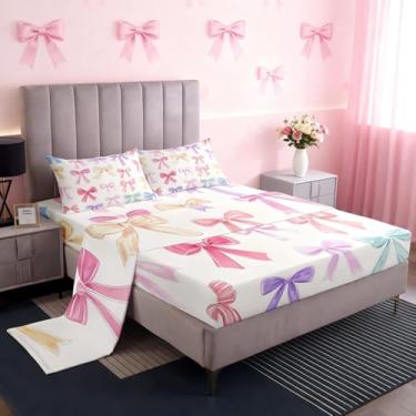 Imagem de Jogo de lençol para meninas, com laço colorido, laço colorido, laço e nó de borboleta, para decoração de quarto infantil (casal, 4 peças)