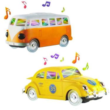 Imagem de Kit 2 Carrinho Infantil Bate e Volta Luz Som Perua e Fusca Clássicos V