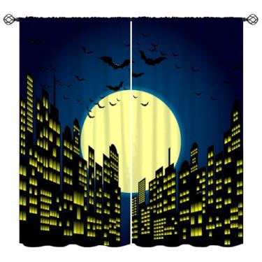 Imagem de Djaby Cortinas City Heroes, Morcego Noturno Heróis Lua Desenho Cidade Janela Tratamentos para Sala de Estar Crianças Meninos Quarto Casa 106.7 cm L X 114.3 cm C (NoBlackout)