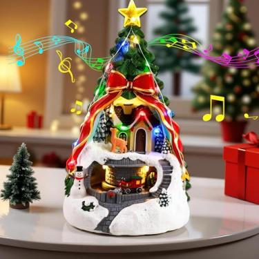 Imagem de ZPCO Vila de Natal musical com veado de trem giratório - árvore de Natal artificial pré-iluminada - bateria e USB - estatuetas de coleção para decoração de mesa doméstica, presente de decoração de