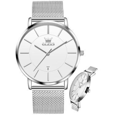 Imagem de OLEVS Relógio masculino minimalista, ultrafino, moderno, casual, analógico, quartzo, data, à prova d'água, fino, simples, mostrador grande, relógio de pulso com pulseira de couro retrô para homens