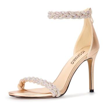 Imagem de 100FIXEO Sandálias femininas de salto agulha de dedo aberto com strass elegante tira no tornozelo para casamento, sapatos elegantes e sexy, Champanhe, 38