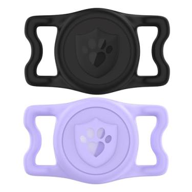 Imagem de ilFindYou Suporte para coleira de cachorro AirTag: IP68 à prova d'água para coleira de cachorro, capa de silicone antiperda e durável, compatível com Apple AirTags (preto e roxo)