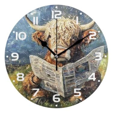 Imagem de JUZIHAI Highland Cow Reads Relógio de parede de jornal silencioso, sem tique-taque, relógios de parede redondos, operados por bateria, fácil de ler, relógio decorativo de parede para casa, cozinha