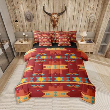 Imagem de Jogo de cama queen rústico ocidental de 7 peças, cama asteca do sudoeste em uma bolsa, conjunto de cama geométrica étnica mexicana inclui edredom, conjunto de lençol, fronhas e fronhas, decoração de