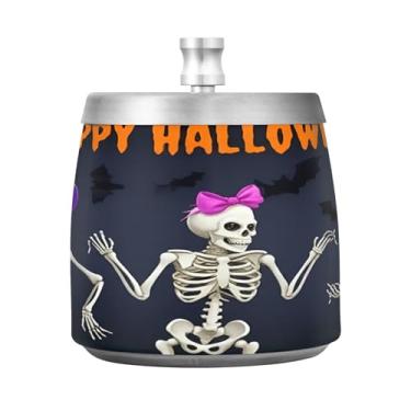 Imagem de Qilmy Cinzeiro de aço inoxidável com moldura de esqueleto de Halloween com tampa - Cinzeiro de cigarro à prova de vento sem cheiro sem fumaça para casa, escritório, carro, pátio, varanda (uso interno