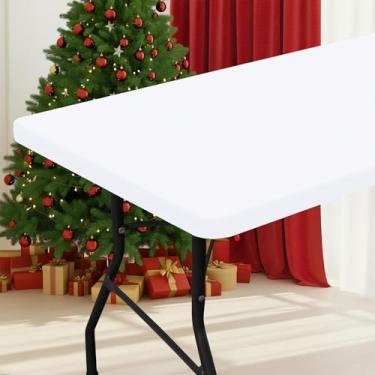 Imagem de Toalha de mesa retangular, toalha de mesa elástica impermeável para mesas de 1,8 m, capa de mesa de poliéster lavável para piquenique, acampamento, ar livre (branca, 76 x 183 cm)
