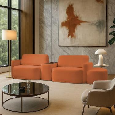 Imagem de Sofá Sala Modulado 299cm Com Puff Console Usb Luminária Brumma Bouclê K01 - D'rossi Cor Terracota