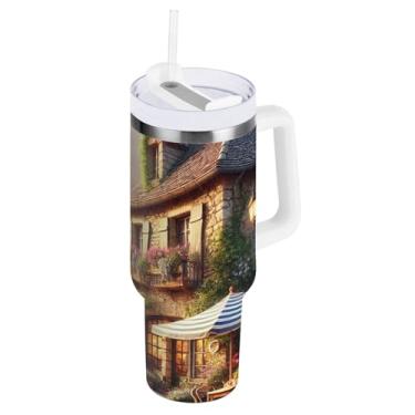 Imagem de Copo de café grande para viagem com tampa e canudo, copo isolado de parede dupla Village