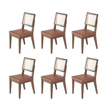 Imagem de Kit de 6 Cadeiras de Madeira Maciça Estofada com Palhinha Saga - Natural c/ PU Caramelo
