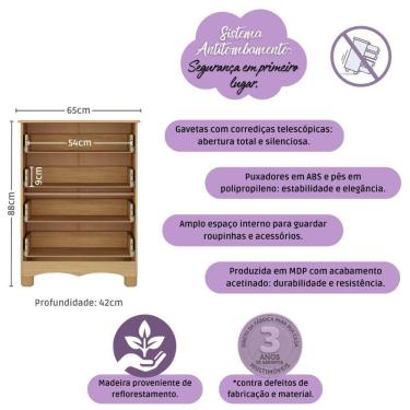 Imagem de Berço Americano 3 Em 1 Com Colchão Incluso E Cômoda 4 Gavetas Dengo Multimóveis MP4702 Madeirado-branco