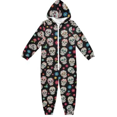 Imagem de Macacão preto com caveiras de açúcar e flores para crianças, meninas, meninos de 5 a 6 anos, Crânios de açúcar flores pretas, 5-6 Anos