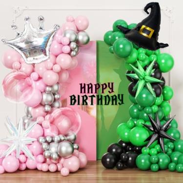 Imagem de JOGAMS Kit de guirlanda de arco de balão rosa e verde 222 peças com coroa prata preta iridescente explosão estrela bolha feiticeiro chapéus balões para decoração de chá de bebê com tema de princesa
