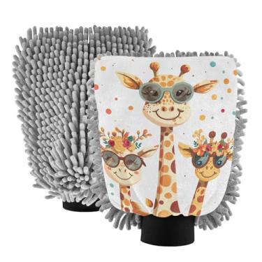 Imagem de ODAWA Luvas de carro de microfibra de chenille de desenhos animados engraçados girafas para lavar, pacote com 2, luva de chenille para lavagem de carro 18 x 26 cm