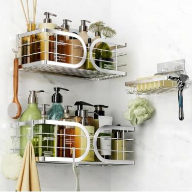 Imagem de Adurei Prateleira de Chuveiro Sem Perfuração SUS304 Aço Inoxidável Grande Capacidade Alta Qualidade Prateleira de Chuveiro à Prova de Ferrugem Cestas de Chuveiro Organizador Suporte de Sabão para