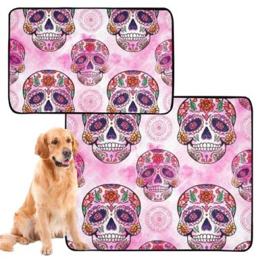 Imagem de Almofadas de xixi laváveis para cães de estimação intrincadamente crânio de açúcar rosa reutilizável tapete de parto para filhotes de cachorro tapete absorvente impermeável antiderrapante, médio +