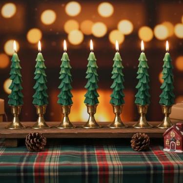 Imagem de Lounsweer 12 peças de velas cônicas de árvore de Natal com suportes de velas em forma de árvore de Natal castiçais dourados de latão para mesas de centro de mesa, decorações de festivais, celebrações