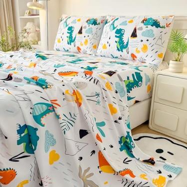 Imagem de MWMWMW Jogo de lençol solteiro infantil de dinossauro, 3 peças, para crianças, meninos, estampa de dinossauro, sem rugas e lençol macio com bolso profundo