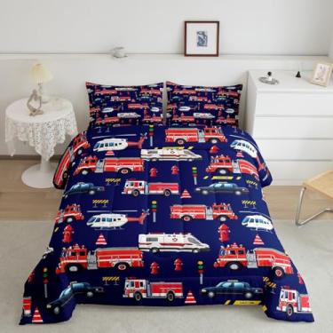 Imagem de jejeloiu Conjunto de cama solteiro de caminhão de bombeiros, veículos de bombeiros, para meninos, meninas, adolescentes, azul vívido, respirável, macio, leve, conjunto de edredom de microfibra