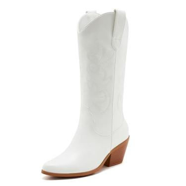 Imagem de ZXHYZLZ Botas femininas caubói ocidentais bordadas, cano médio, bico fino, salto grosso, moderno, retrô, clássica, Branco, 36