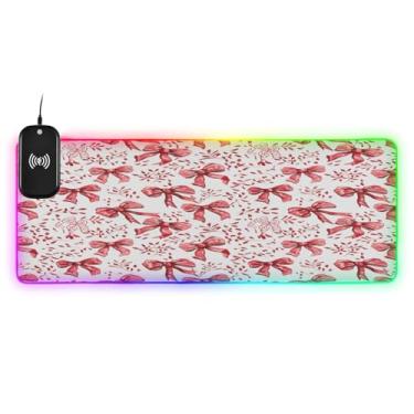 Imagem de CEBUGI Mouse pad de carregamento sem fio Red Bows 15 W rápido para jogos com 14 iluminação LED RGB para jogos, PC, laptop, mesa 80 x 30 cm