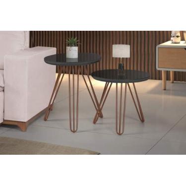 Imagem de Mesa De Canto Lateral Redonda Mdf Pés De Ferro Par