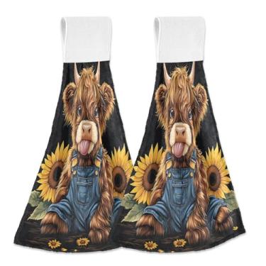 Imagem de Joitme Lindas toalhas de mão de vaca Highland pretas penduradas com laço, pacote com 2 panos de prato decorativos de lã coral macio absorvente para cozinha banheiro com fita mágica para pendurar