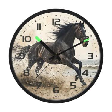 Imagem de SEHANY Relógio de parede artístico majestoso cavalos silencioso, sem tique-taque, relógio redondo operado por bateria, controle de som, luz noturna, relógios de parede para sala de estar, cozinha