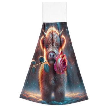 Imagem de Joisal Toalhas de mão penduradas para cozinha Cute Highland Cow floral forno toalha de chá conjunto de 2, toalha de cozinha ultra absorvente fofa decorativa, 18,2 x 14 polegadas