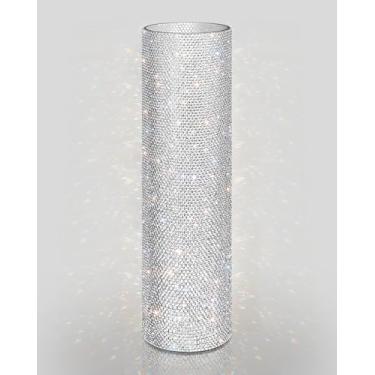 Imagem de Yivaiks Vaso cilíndrico grande brilhante para buquê largo, vaso alto de flores brilhantes com strass brilhante, exibição para casa ou casamento, vidro orgânico antiquebra (41 cm de altura, abertura de