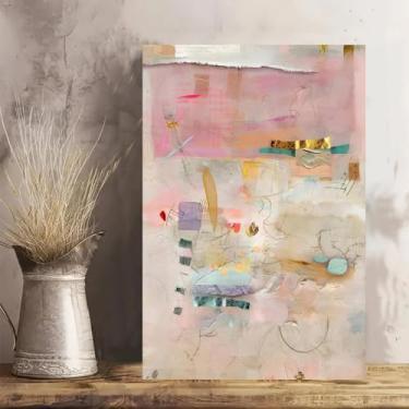 Imagem de Arte de parede abstrata mista folha dourada vintage rústica em tela - Pôster sem moldura de 30 x 45 cm - Ideia de presente para decoração de casa e escritório para sala de estar, quarto, cozinha e