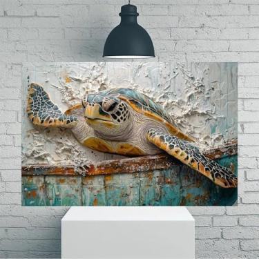 Imagem de Arte de parede em tela rústica vintage tartaruga marinha em barco antigo - pôster sem moldura de 20 x 30 cm - decoração de casa e escritório para sala de estar, quarto, cozinha e café