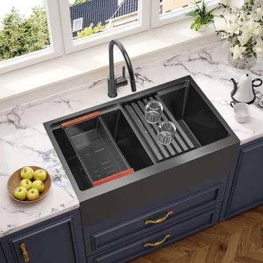 Imagem de MILOSEN Pia de cozinha preta de 71 cm x 56 cm, avental de estação de trabalho de aço inoxidável preto com borda e acessórios, pias de fazenda de tigela dupla, pias artesanais grandes e profundas de 25