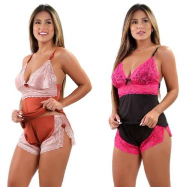 Imagem de Kit c/ 2 Short Doll Pijama Curto Adulto Feminino Renda Luxo Baby Doll 