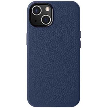 Imagem de GANYUU Capa de telefone traseira de couro premium, para Apple iPhone 14 Plus 6,7 polegadas 2022 textura de lichia totalmente envolta flocagem capa traseira (cor: azul)