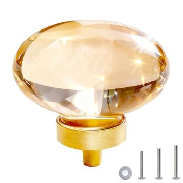 Imagem de FNFAI Pacote com 4 puxadores de armário de cristal champanhe puxadores de gaveta antigos, maçanetas de armário modernas de vidro oval dourado para gavetas de cômodas, cozinhas, armário, armário