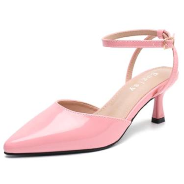 Imagem de Sapatos femininos de salto baixo de gatinho clássico bico fino com tira no tornozelo, bico fechado, confortável, elegante, vestido de festa de casamento, rosa, 35