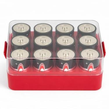 Imagem de ALCYON Estojo organizador de bateria, caixa de compartimento de bateria para 12 pilhas D, suporte de bateria protetor de plástico transparente para viagem/casa/escritório (vermelho, grande)