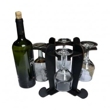 Imagem de Adega de Vinhos Preta com Suporte para 4 Taças, MDF, Elegância e Praticidade para Bancada e Mesa