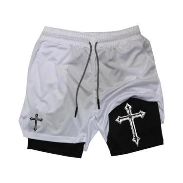 Imagem de Shorts De Corrida Masculinos Com Estampa De Cruz Cristã 2 Em 1 Para Tr