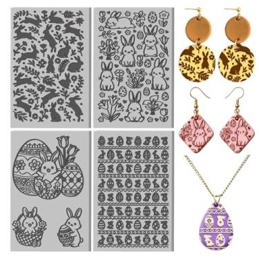 Imagem de CHGCRAFT 4 folhas de tapete de textura de argila de coelho da Páscoa, padrão de ovo de Páscoa, folhas de textura de argila de polímero, ferramentas DIY para brincos de cerâmica, máquinas de gravação