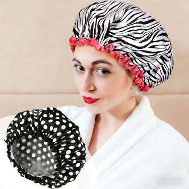 Imagem de 2 peças de touca de banho para mulheres, touca de banho dupla impermeável reutilizável (branco, preto)