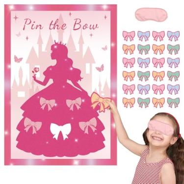 Imagem de HOMANGA Pin The Bow Jogo de festa para mulheres meninas ela, pôster de princesa rosa com 24 peças de adesivos de laço, decorações de festa de aniversário, festa do pijama e jogo de atividades de
