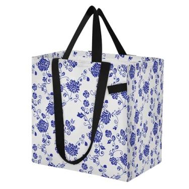 Imagem de SEHANY Sacolas de compras reutilizáveis de porcelana azul e branca com alças reforçadas, bolsa de compras de lona dobrável à prova d'água de grande capacidade para viagem, cozinha, praia