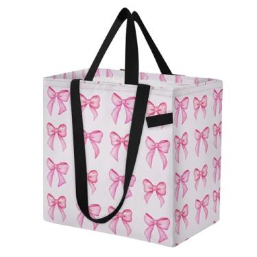 Imagem de SEHANY Sacolas de compras reutilizáveis com laço rosa fofo com alças reforçadas, bolsa de compras de lona dobrável à prova d'água de grande capacidade para viagem, cozinha, praia