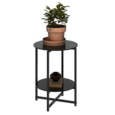 Imagem de Mesa de canto de vidro multiuso, mesas de centro de armazenamento de 2 camadas para sala de estar com moldura de metal, móveis de mesas laterais modernas, para sala de estar, quarto, espaços pequenos