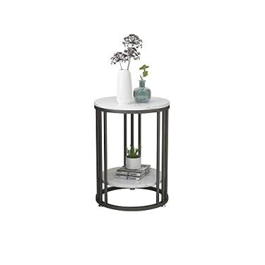 Imagem de U5GAAALPPQ9 Mesa de centro de mármore artificial moderna sofá quarto armário de cabeceira pequena mesa redonda 2 andares espaço de armazenamento 40 40 55 cm (cor: preto) (dourado)